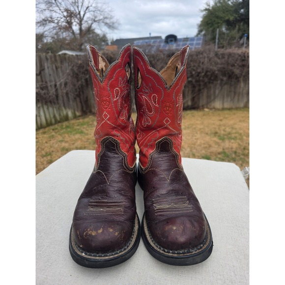 Ariat Brown Red Leather Cowboy Western Boots Women's Square Toe 5B - Picture 3 of 11